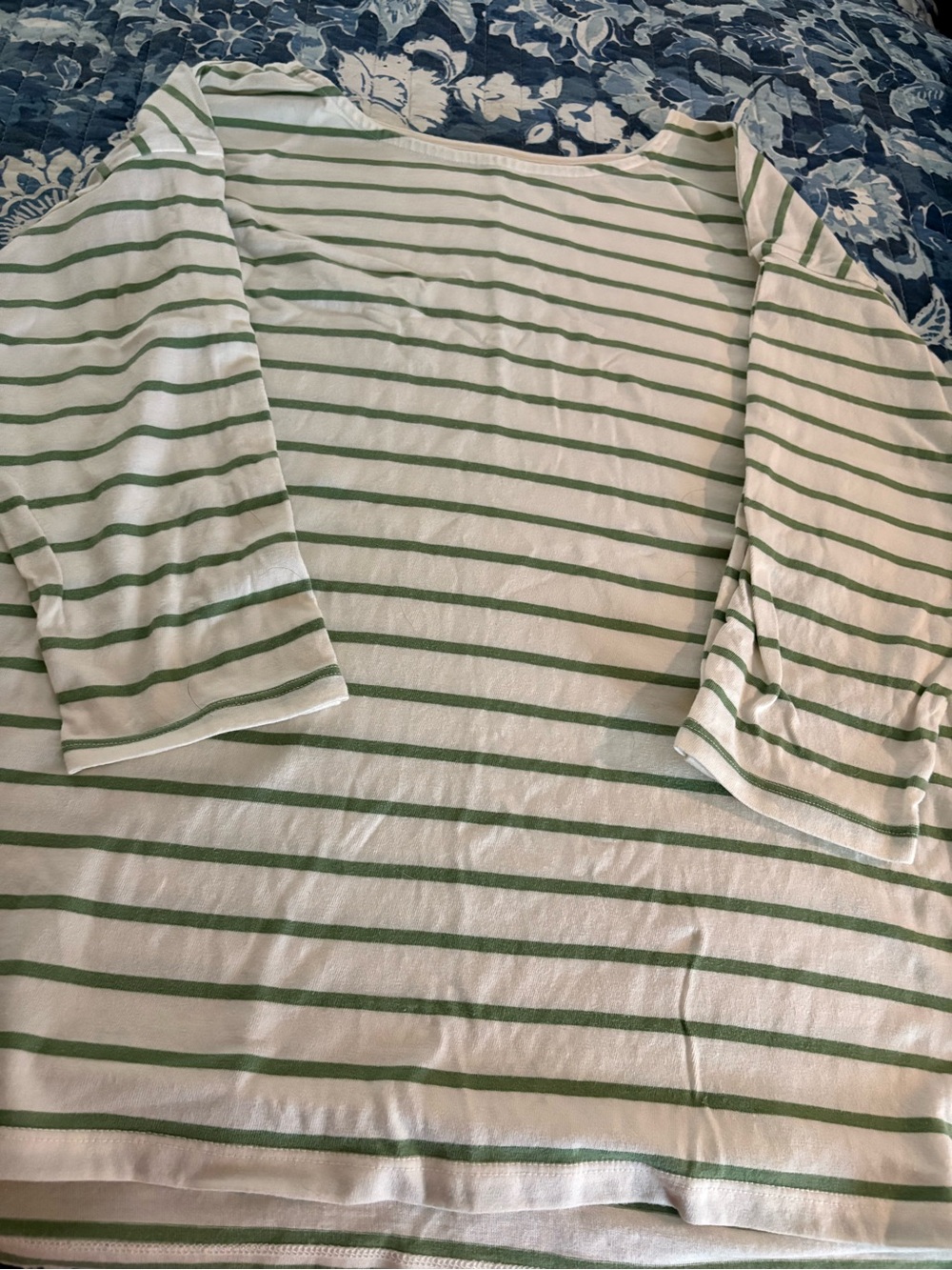 Talbots White and Light Green Striped Long Sleeve Top. Gold buttons on sleeves.